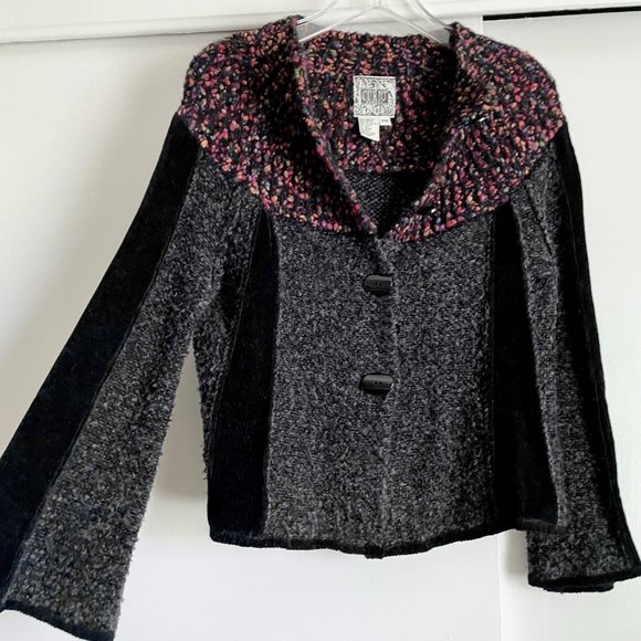 Curio Bell Sleeve Button Cardigan Sweater Boucle Collar Jacket MP Gray Black - Picture 1 of 11